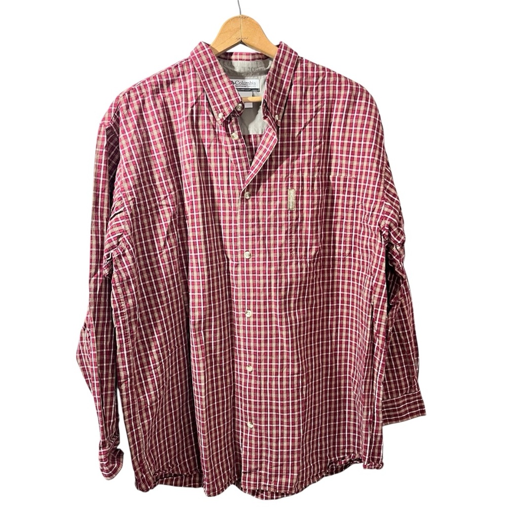 Columbia Red Plaid Button Down Shirt Men’s XXL Long Sleeve Cotton Casual Outdoor